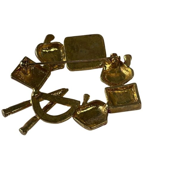 School-Themed Gold-Tone Enamel Brooch Red Apples Books Supplies Design Teacher - Picture 2 of 2